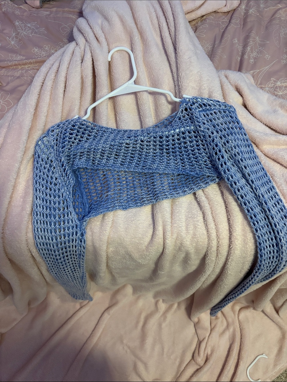 Urban Outfitters Light Blue Open-Knit Off-Shoulder Bolero Sweater